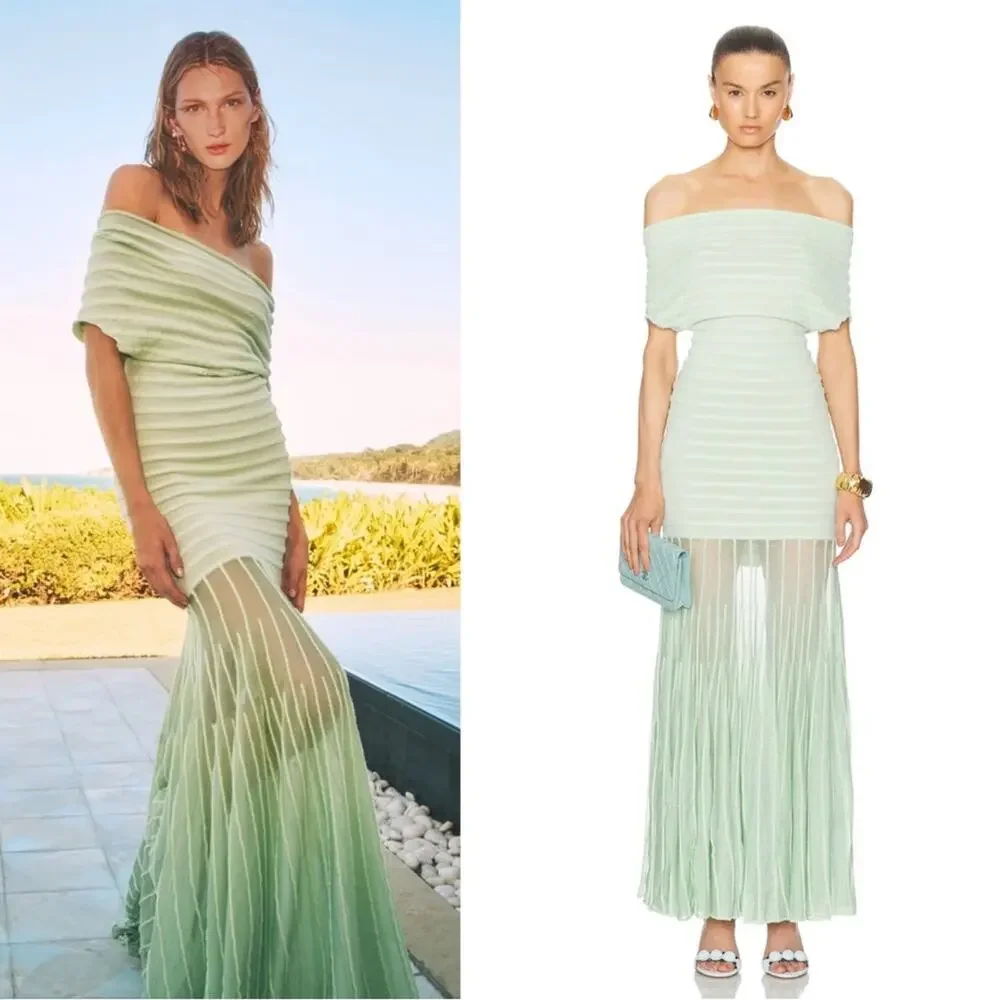 Alexis Marce Off the Shoulder Knit Mint Green Striped Maxi Dress Size Large - Picture 2 of 11